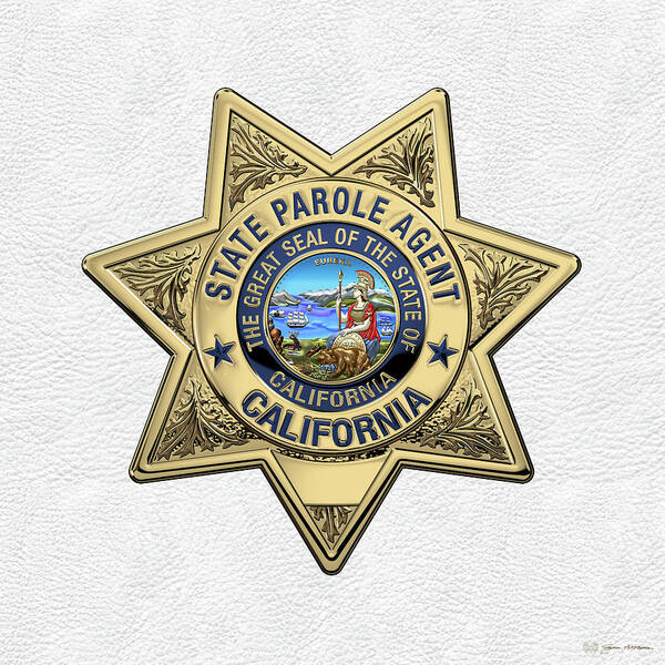'law Enforcement Insignia & Heraldry' Collection By Serge Averbukh Poster featuring the digital art California State Parole Agent Badge over White Leather by Serge Averbukh