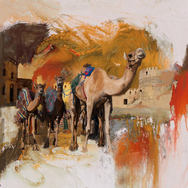 Fujairah Fort Poster featuring the painting Camels and Desert 29 by Mahnoor Shah