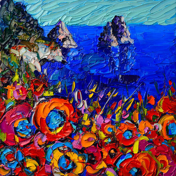 Capri Poster featuring the painting Capri Faraglioni Italy Colors Modern Impressionist Palette Knife Oil Painting By Ana Maria Edulescu by Ana Maria Edulescu
