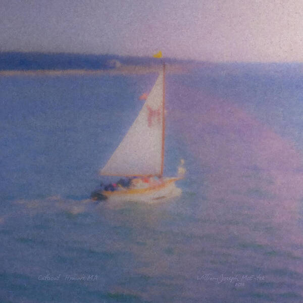 Catboat Poster featuring the painting Catboat Leaving Hyannis Harbor by Bill McEntee