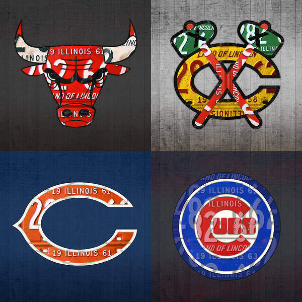 Chicago Poster featuring the mixed media Chicago Sports Fan Recycled Vintage Illinois License Plate Art Bulls Blackhawks Bears and Cubs by Design Turnpike