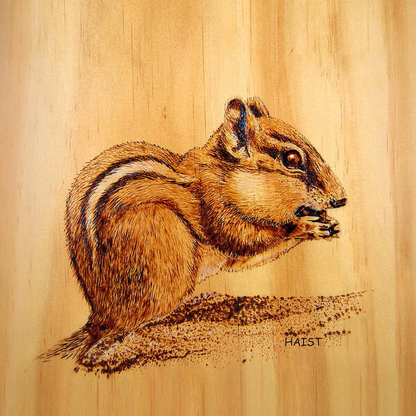  Poster featuring the pyrography Chipmunk 2 Pillow/bag by Ron Haist