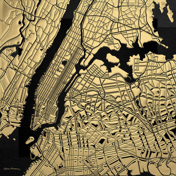 'nyc ' Collection By Serge Averbukh Poster featuring the digital art Cities of Gold - Golden City Map New York on Black by Serge Averbukh