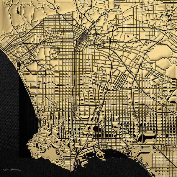 ‘cityscapes' Collection By Serge Averbukh Poster featuring the digital art Cities of Gold - Golden City Map of Los Angeles on Black by Serge Averbukh