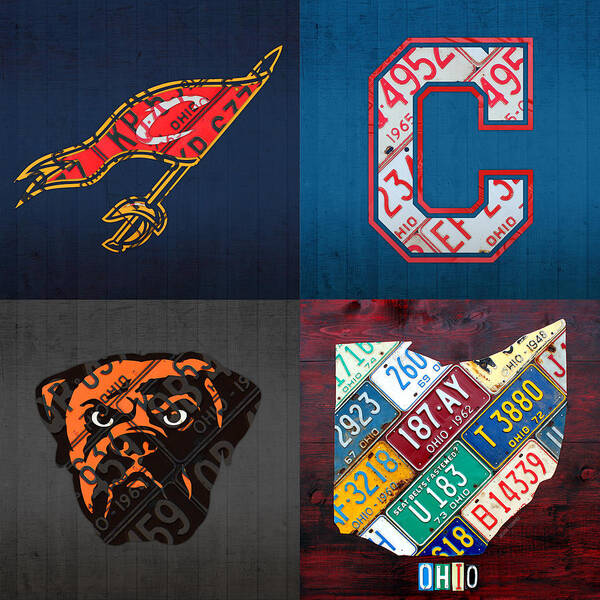 Cleveland Poster featuring the mixed media Cleveland Sports Fan Recycled Vintage Ohio License Plate Art Cavaliers Indians Browns and State Map by Design Turnpike