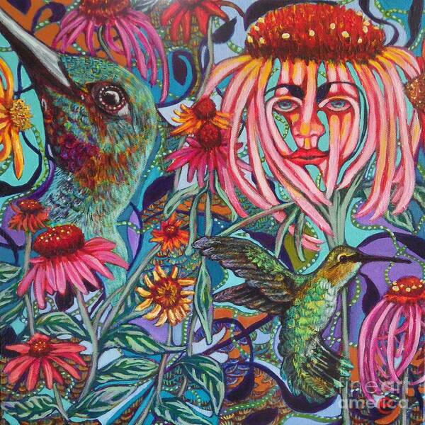 Hummingbird Poster featuring the painting Coneflower and Hummingbird by Linda Markwardt