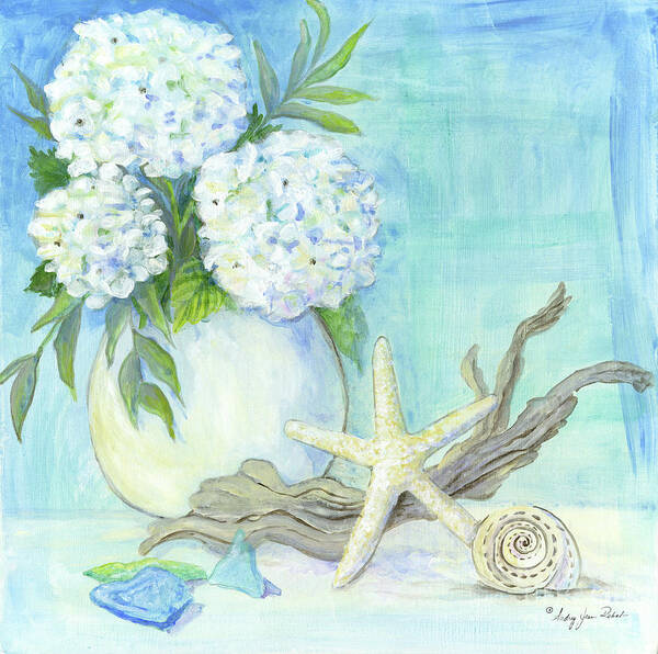 White Hydrangeas Poster featuring the painting Cottage at the Shore 1 White Hydrangea Bouquet w Driftwood Starfish Sea Glass and Seashell by Audrey Jeanne Roberts