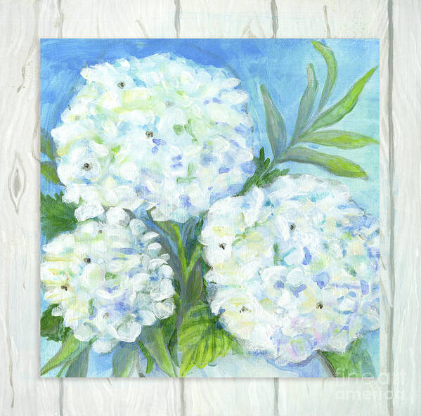 White Hydrangeas Poster featuring the painting Cottage at the Shore 5 White Washed Wood w Hydrangeas and Eucalyptus Leaves by Audrey Jeanne Roberts