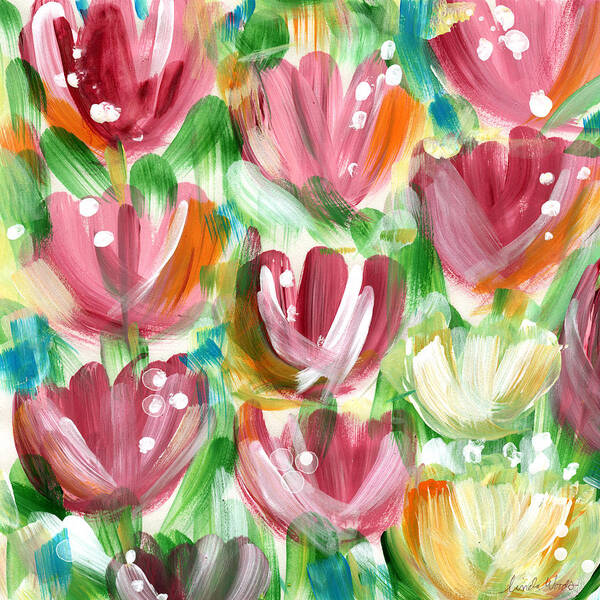 Tulips Poster featuring the painting Delightful Tulip Garden by Linda Woods