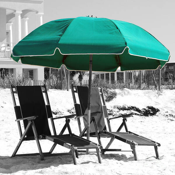 Destin Poster featuring the photograph Destin Florida Empty Beach Chair Pair and Green Umbrella Square Format Color Splash Digital Art by Shawn O'Brien