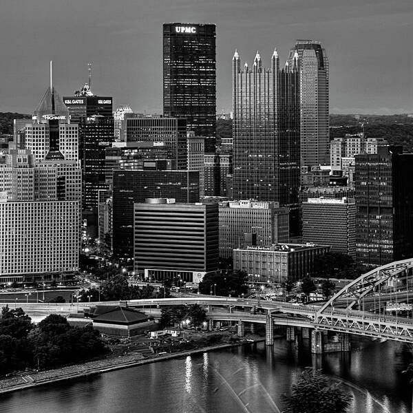 Pittsburgh Poster featuring the photograph Downtown Pittsburgh at Twilight - Black and White by Mitch Spence