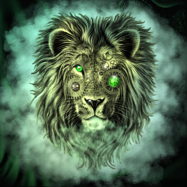 Digital Art Poster featuring the digital art Emerald Steampunk Lion King by Artful Oasis