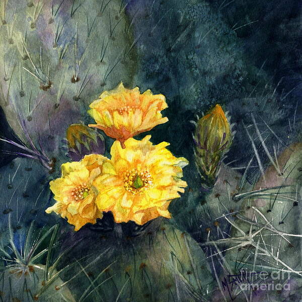 Yellow Cactus Poster featuring the painting Engelmann Prickly Pear Cactus by Marilyn Smith