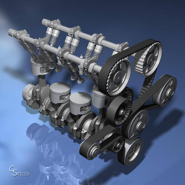 Engine Poster featuring the digital art Inline 4-Cylinder Engine 3D Model by Christopher Spicer