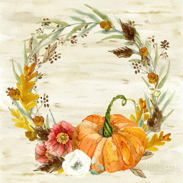 Autumn Poster featuring the painting Fall Autumn Harvest Wreath on Birch Bark Watercolor by Audrey Jeanne Roberts