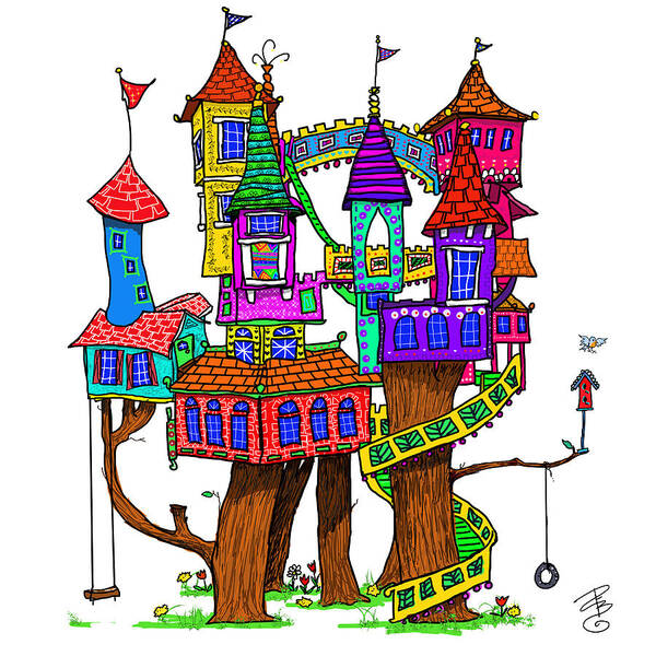 Colorful Poster featuring the digital art Fantasy Treehouse by Debra Baldwin