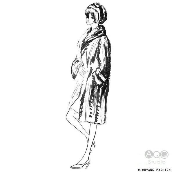 Black And White Fashion Art. Poster featuring the painting Fashion Girl in Fur Coat by Leslie Ouyang