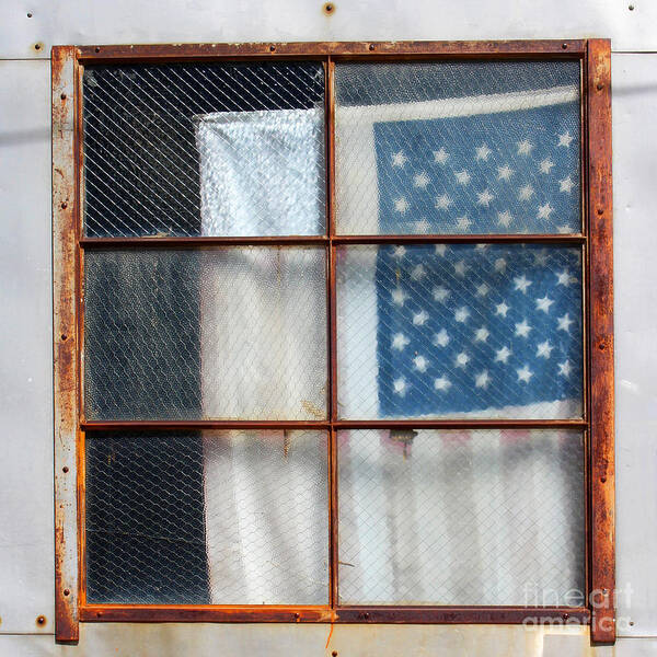 Flag Poster featuring the photograph Flag in Old Window by Cheryl Del Toro