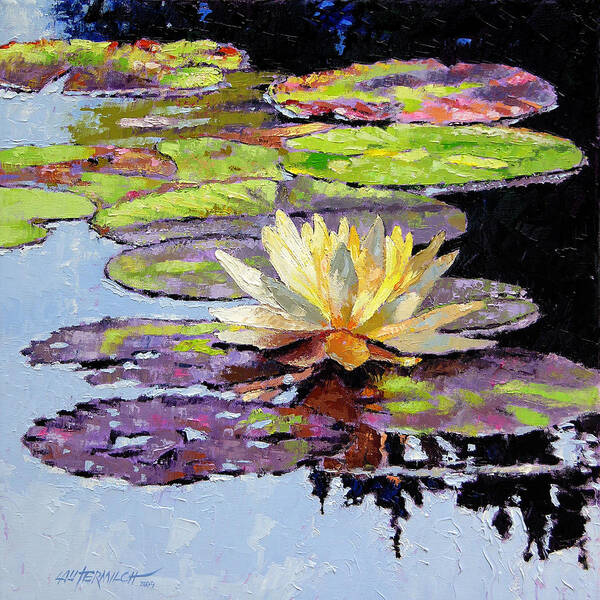 Golden Water Lily Poster featuring the painting Floating Gold by John Lautermilch