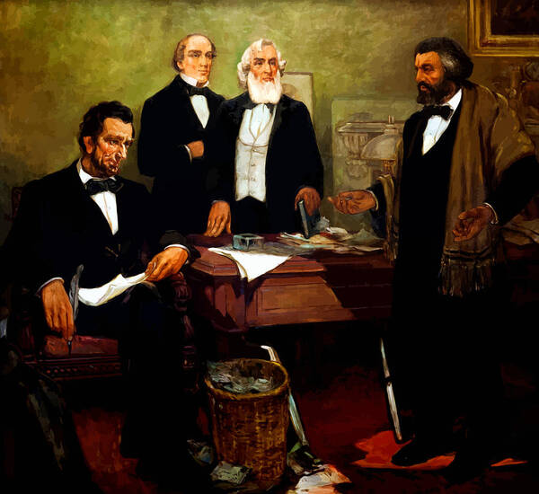 Frederick Douglass Poster featuring the painting Frederick Douglass appealing to President Lincoln by War Is Hell Store