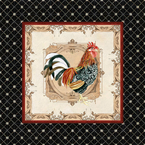 Etched Poster featuring the painting French Country Roosters Quartet Black 1 by Audrey Jeanne Roberts