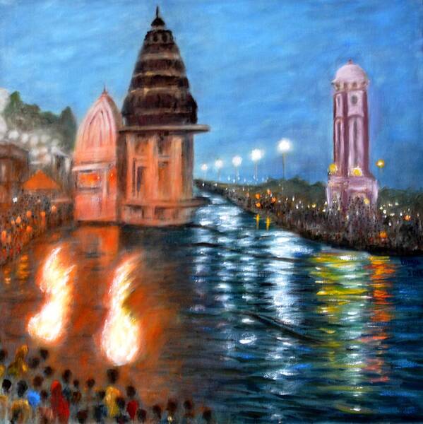 Ganga Aarti Poster featuring the painting Ganga Aarti at Haridwar by Uma Krishnamoorthy