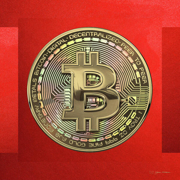 ‘money’ Collection By Serge Averbukh Poster featuring the digital art Gold Bitcoin Effigy over Red Canvas by Serge Averbukh