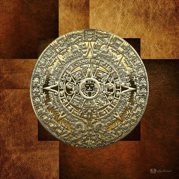 'treasures Of Mesoamerica' Collection By Serge Averbukh Poster featuring the digital art Gold Mayan-Aztec Calendar on Brown Leather by Serge Averbukh