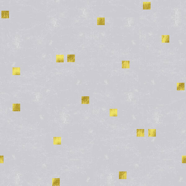 Grey Linen Poster featuring the digital art Gold Scattered square confetti pattern on grey linen texture by Tina Lavoie