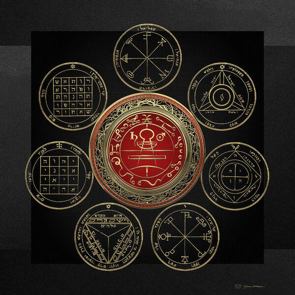 'sacred Symbols' Collection By Serge Averbukh Poster featuring the digital art Gold Seal of Solomon over Seven Pentacles of Saturn on Black Canvas by Serge Averbukh