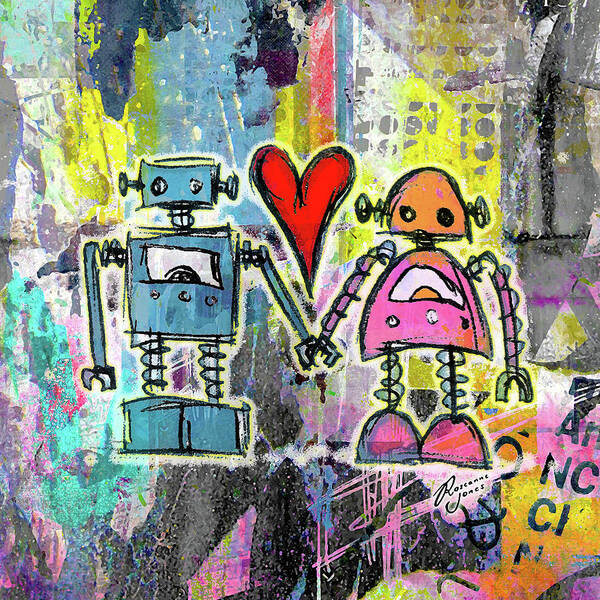 Graffiti Poster featuring the digital art Graffiti Pop Robot Love by Roseanne Jones