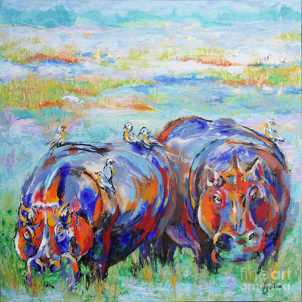 Hippopotamus Poster featuring the painting Grazing Hippos by Jyotika Shroff