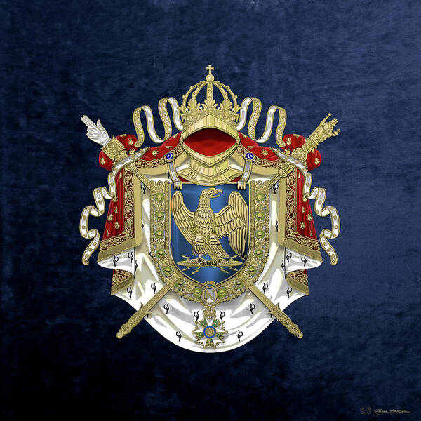'napoleon Bonaparte' Collection By Serge Averbukh Poster featuring the digital art Greater Coat of Arms of the First French Empire over Blue Velvet by Serge Averbukh