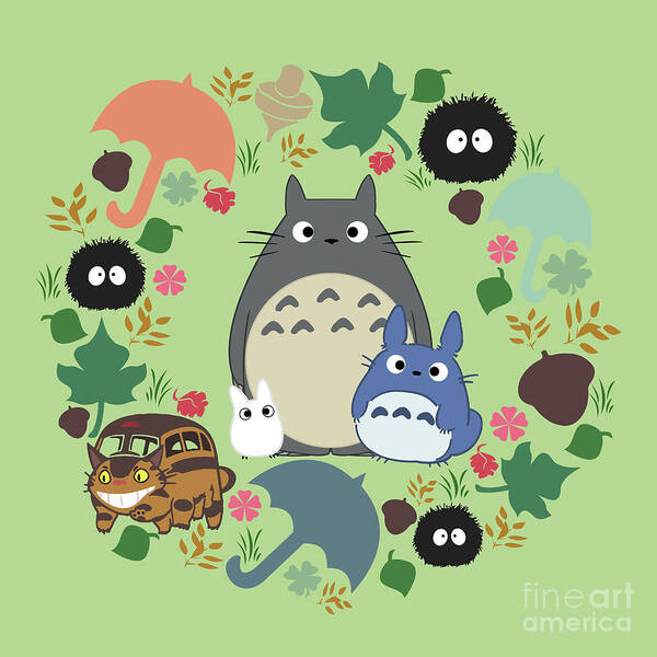 My Neighbor Totoro Poster featuring the digital art Green Totoro Wreath by Canis Picta