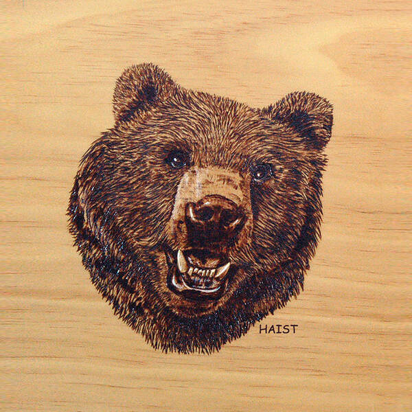  Poster featuring the pyrography Grizzly Pillow/bag by Ron Haist