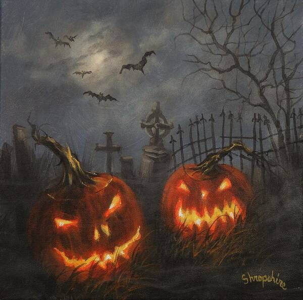 Halloween Poster featuring the painting Halloween on Cemetery Hill by Tom Shropshire