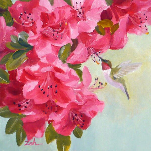 Hummingbird Art Poster featuring the painting Hummingbird and Pink Azaleas by Janet Zeh