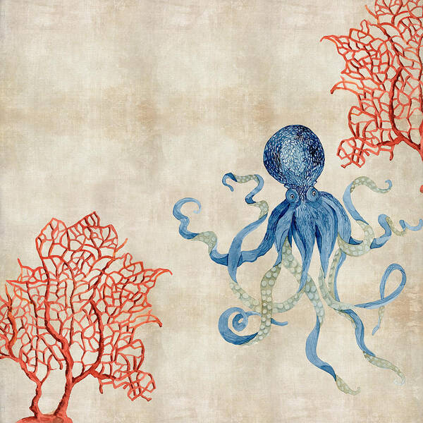 Octopus Poster featuring the painting Indigo Ocean - Octopus Floating Amid Red Fan Coral by Audrey Jeanne Roberts