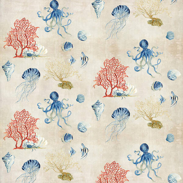 Octopus Poster featuring the painting Indigo Ocean - Red Coral Octopus Half Drop Pattern by Audrey Jeanne Roberts