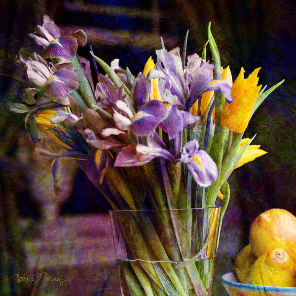 Purple Poster featuring the digital art Irises in a Glass by Barbara Berney