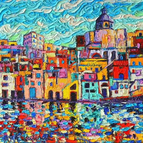 Procida Poster featuring the painting Italy Procida Island Marina Corricella Naples Bay Palette Knife Oil Painting By Ana Maria Edulescu by Ana Maria Edulescu