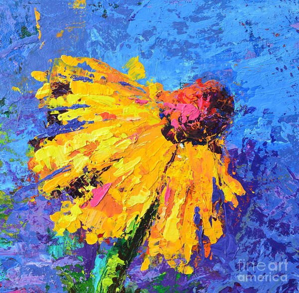 Abstract Yellow Flower Wall Art Poster featuring the painting Joyful Reminder Modern Impressionist Floral Still life palette knife work by Patricia Awapara