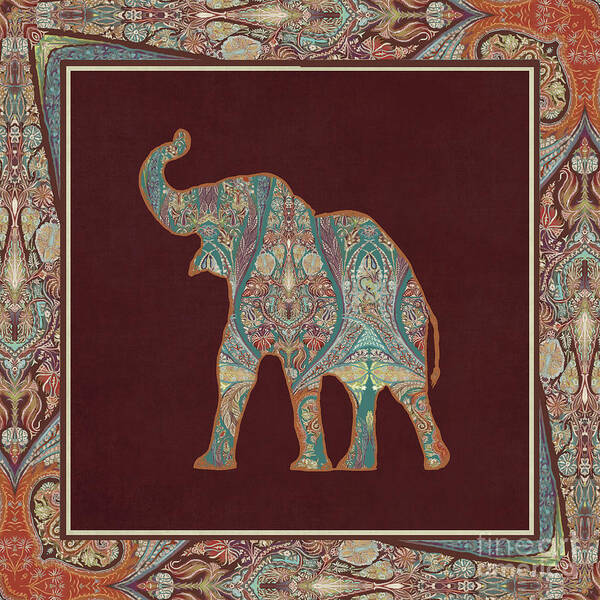 Rust Poster featuring the painting Kashmir Patterned Elephant 3 - Boho Tribal Home Decor by Audrey Jeanne Roberts