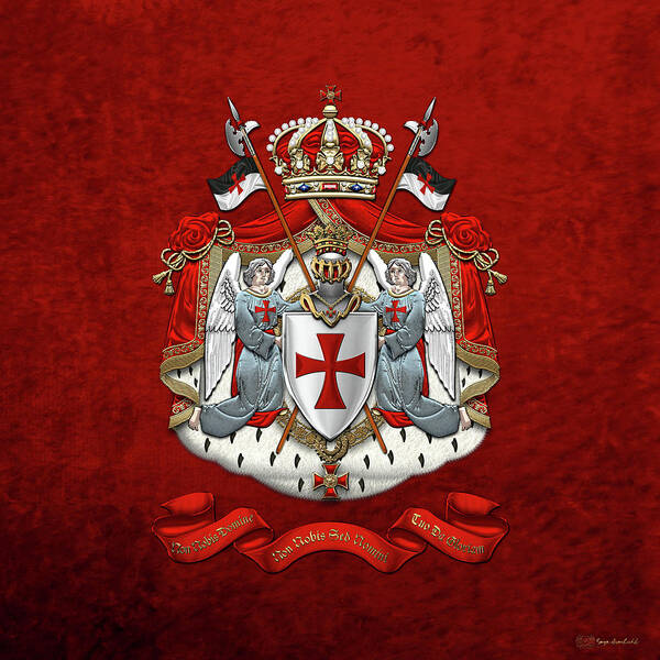 'ancient Brotherhoods' Collection By Serge Averbukh Poster featuring the digital art Knights Templar - Coat of Arms over Red Velvet by Serge Averbukh