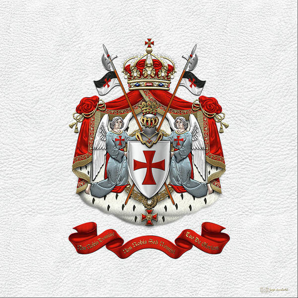 'ancient Brotherhoods' Collection By Serge Averbukh Poster featuring the digital art Knights Templar - Coat of Arms over White Leather by Serge Averbukh