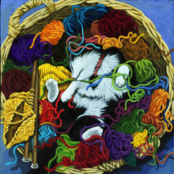 Knitting Poster featuring the painting Knitter's Helper - cat painting by Linda Apple
