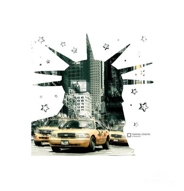 Graphical Poster featuring the photograph Lady Liberty And The Yellow Cabs by Hannes Cmarits