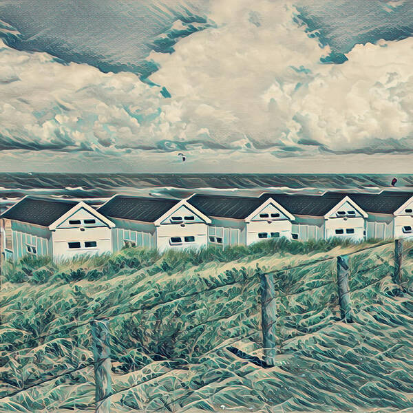Clouds Poster featuring the photograph Little White Beach Houses and Breezy Waves Painting by Debra and Dave Vanderlaan