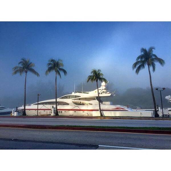 Transportation Poster featuring the photograph Luxury Yacht At Foggy Miami Beach by Juan Silva
