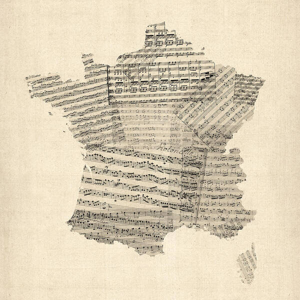 France Map Poster featuring the digital art Map of France Old Sheet Music Map by Michael Tompsett